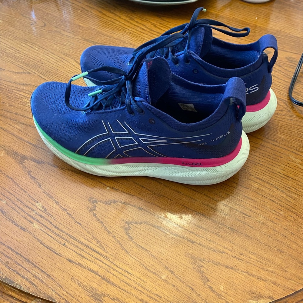 ASICS Gel-Nimbus Blue Sneakers with Green and Pink Accents